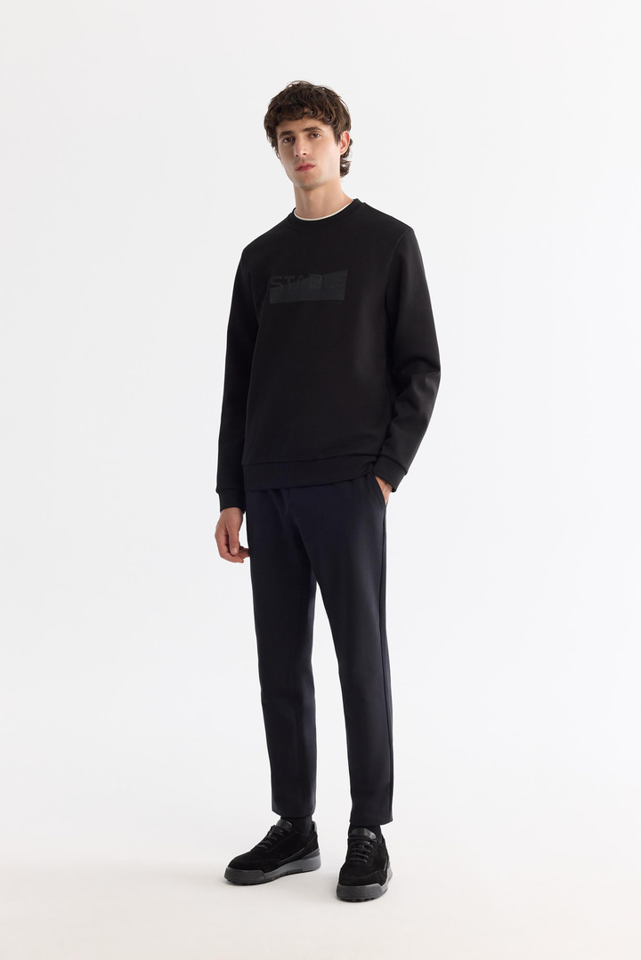 Siyah Bisiklet Yaka Pamuklu Baskılı Elastan Sweatshirt