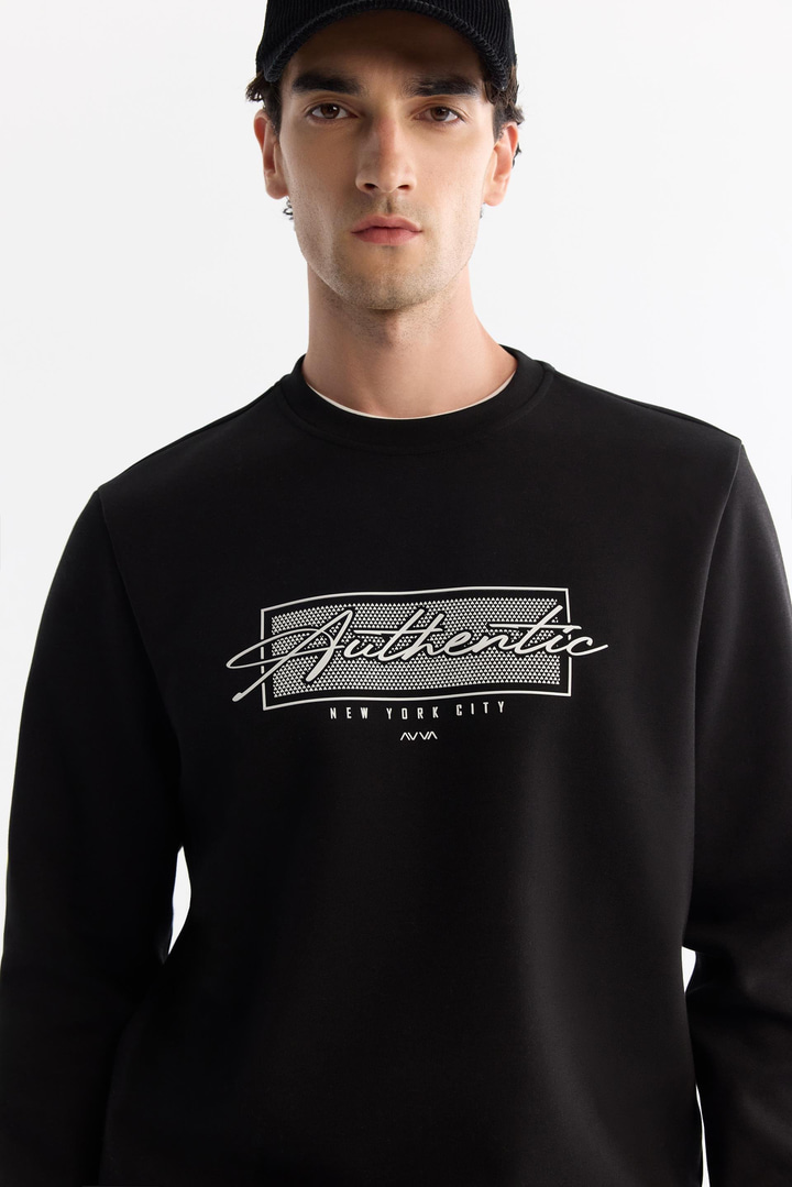 Siyah Bisiklet Yaka Pamuklu Kolay Ütülenen Sweatshirt