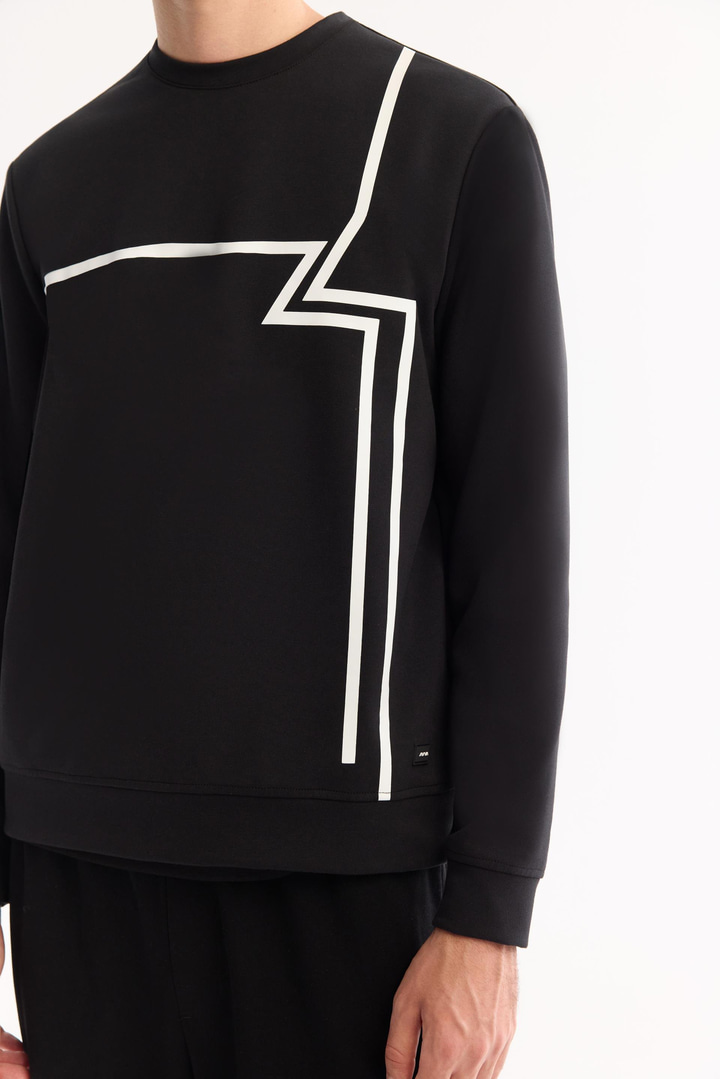 Siyah Bisiklet Yaka Kolay Ütülenen Bi-Stretch Baskılı Sweatshirt