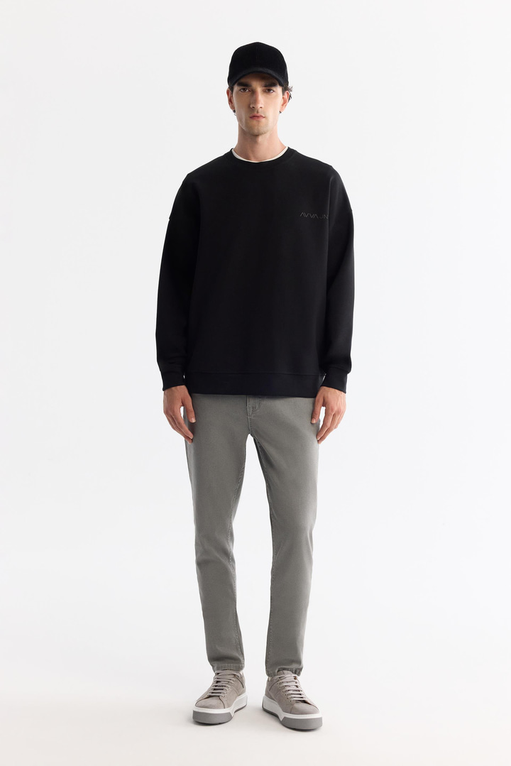 Siyah Bisiklet Yaka Pamuklu Elastan Sweatshirt