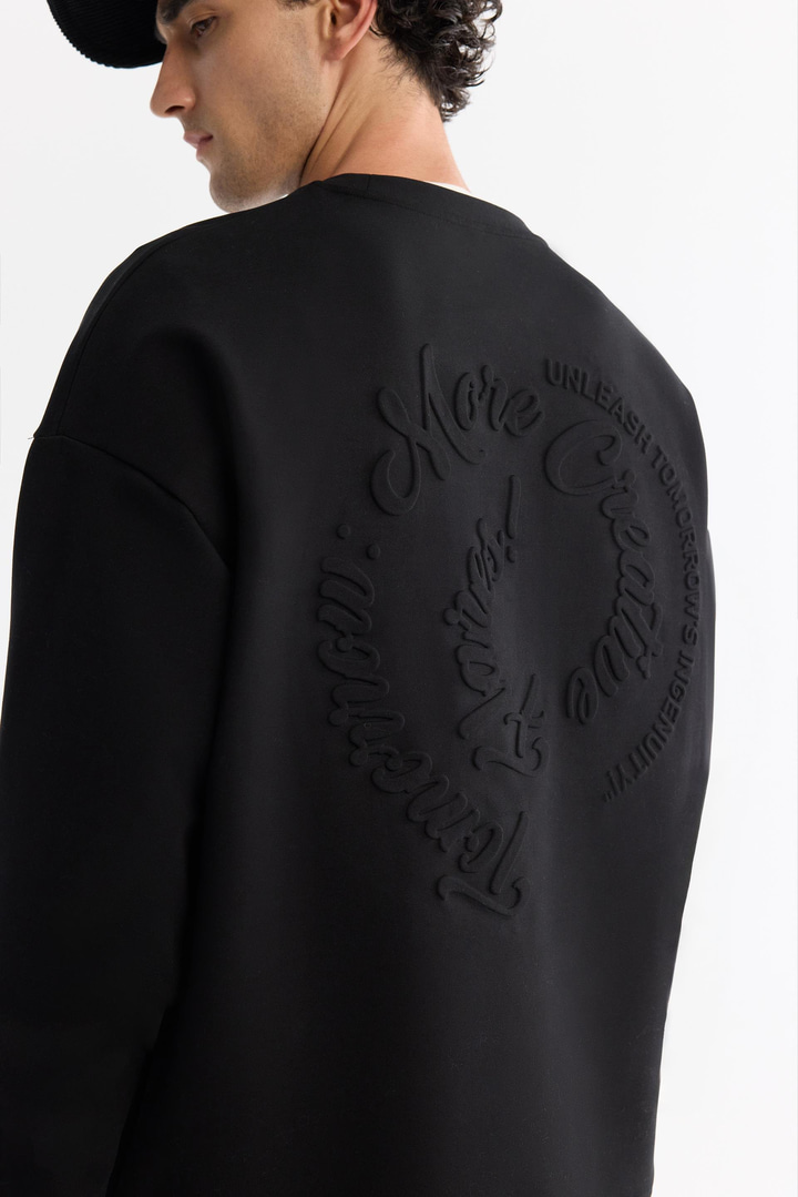 Siyah Bisiklet Yaka Pamuklu Elastan Sweatshirt