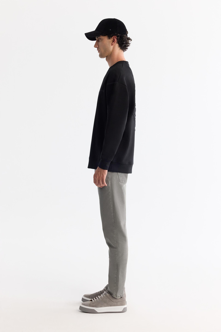 Siyah Bisiklet Yaka Pamuklu Elastan Sweatshirt