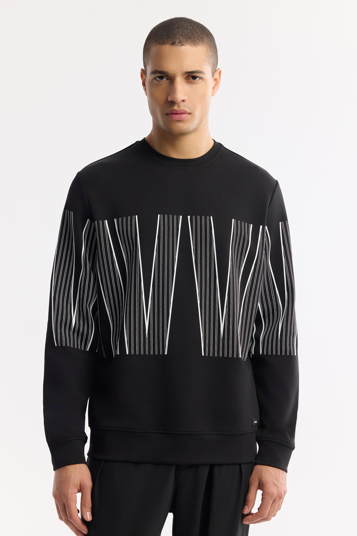 Siyah Bisiklet Yaka Baskılı Bi-Stretch İnterlok Sweatshirt