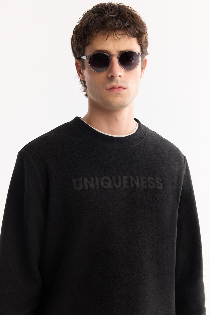 Siyah Bisiklet Yaka Soft Touch Baskılı Polar Sweatshirt