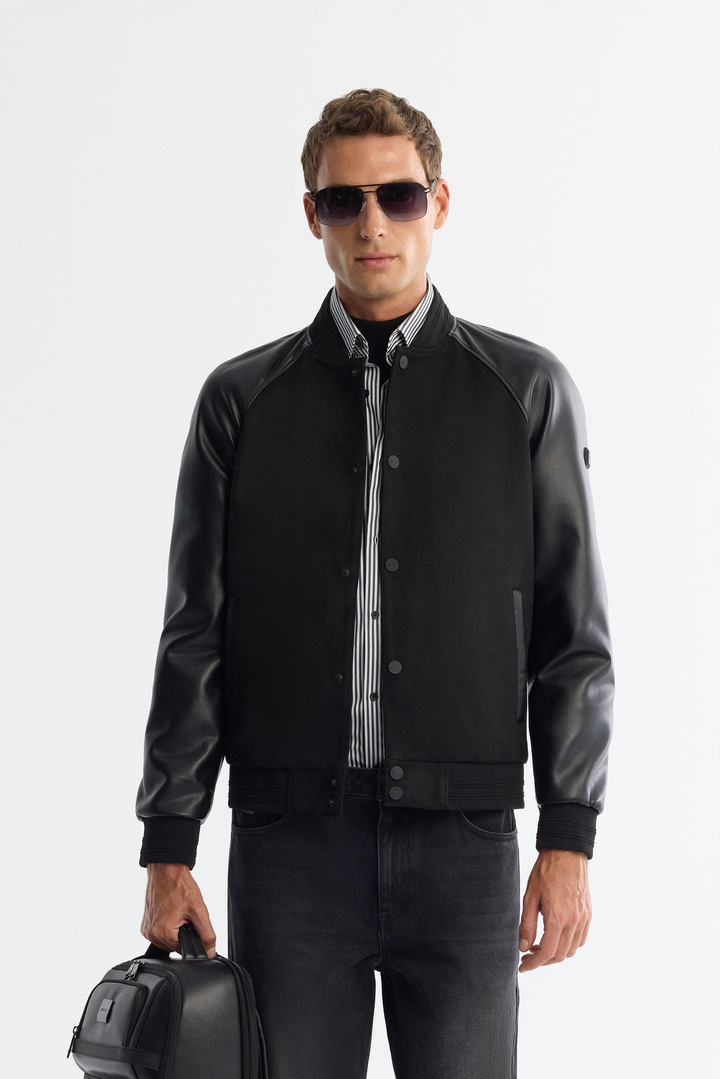 Siyah Bomber Yaka Süet Dokulu Mont