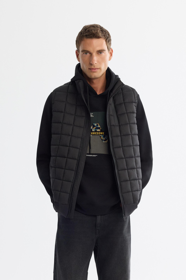 Siyah Dik Yaka Kare Kapitone Termometreli Şişme Yelek