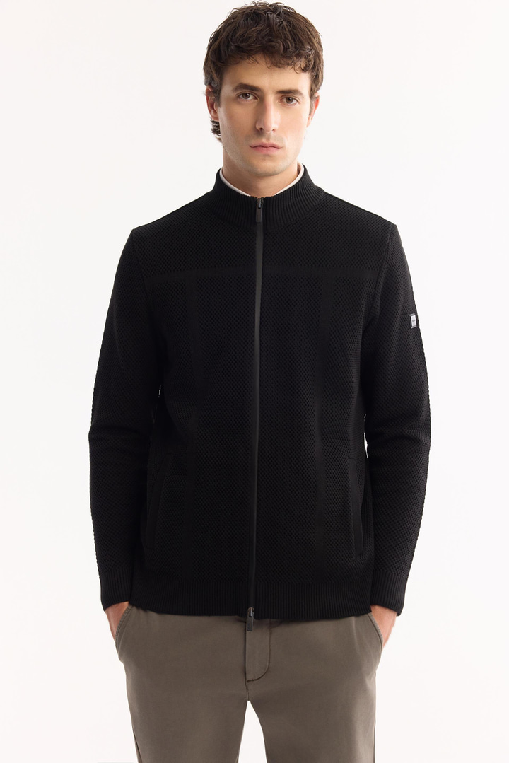 Siyah Dik Yaka Fermuarlı Yün Karışımlı Dokulu Hırka