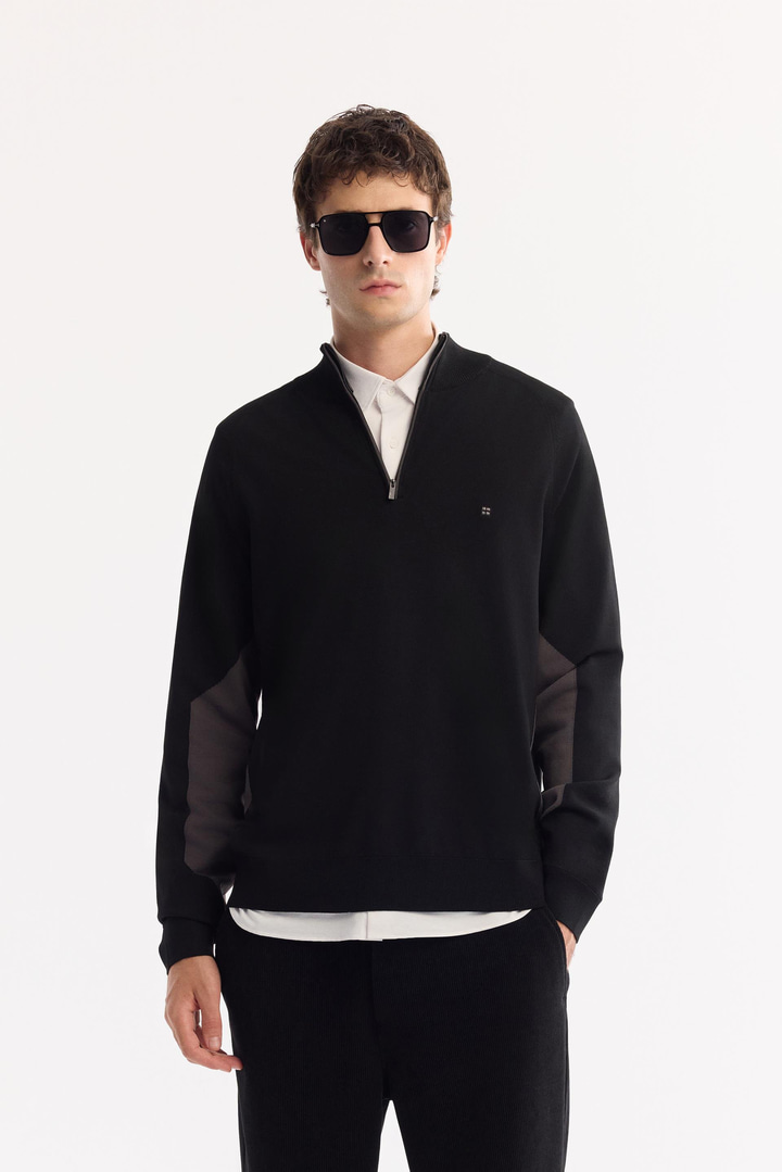 Siyah Dik Yaka Fermuarlı Rayon Tüylenmeyen Triko Kazak