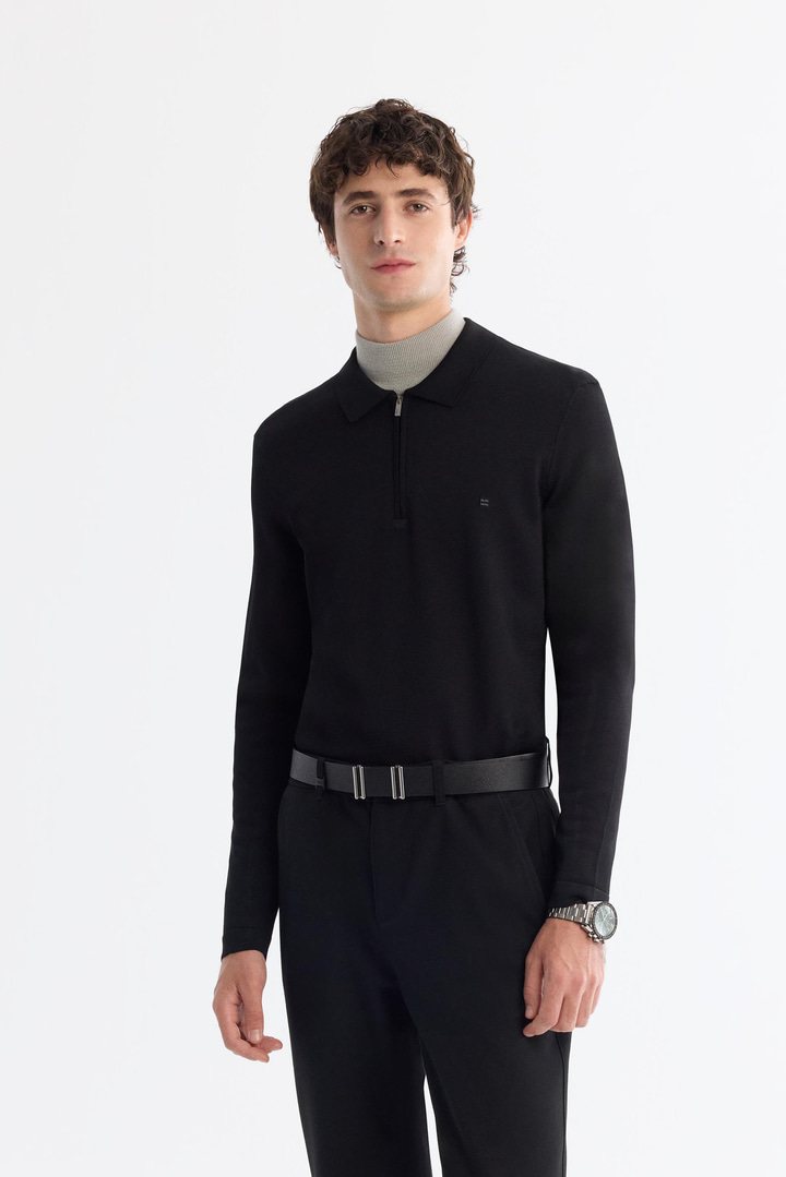 Siyah Fermuarlı Polo Yaka Rayon Tüylenmeyen Triko Kazak
