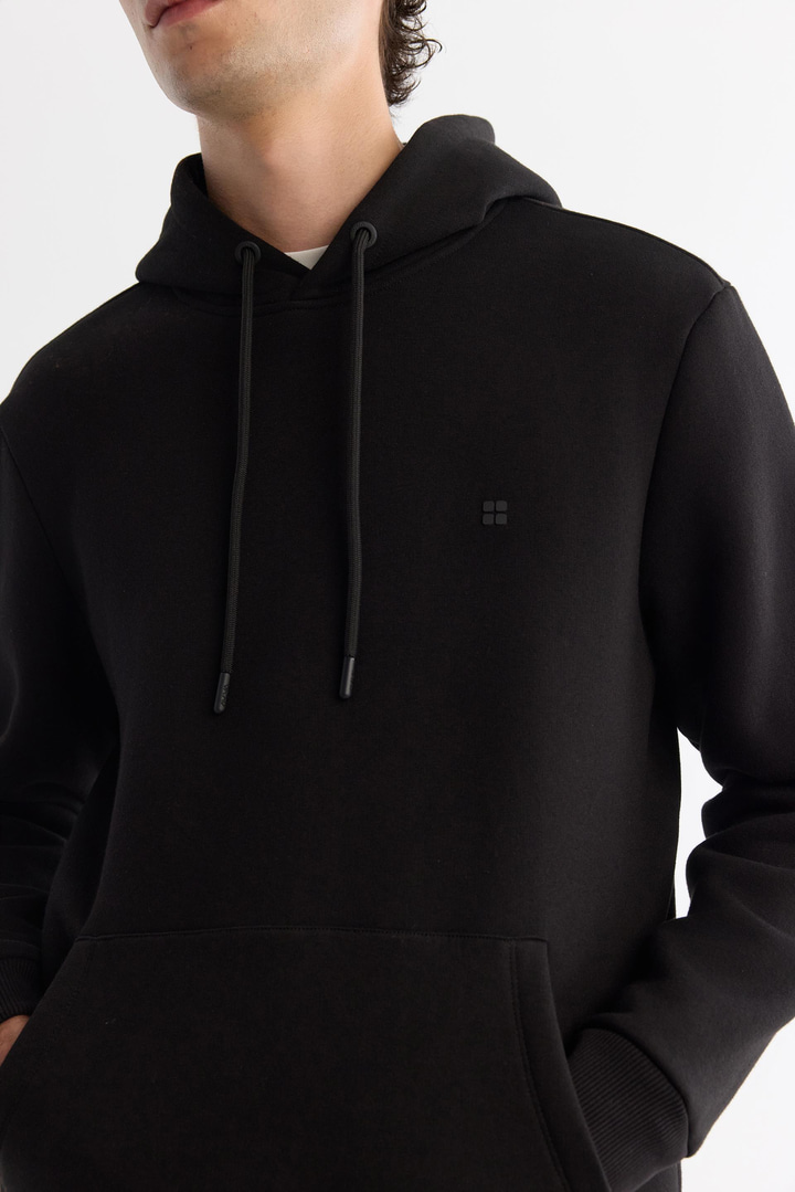 Siyah Kapüşonlu 3 İplik Şardonlu Sweatshirt