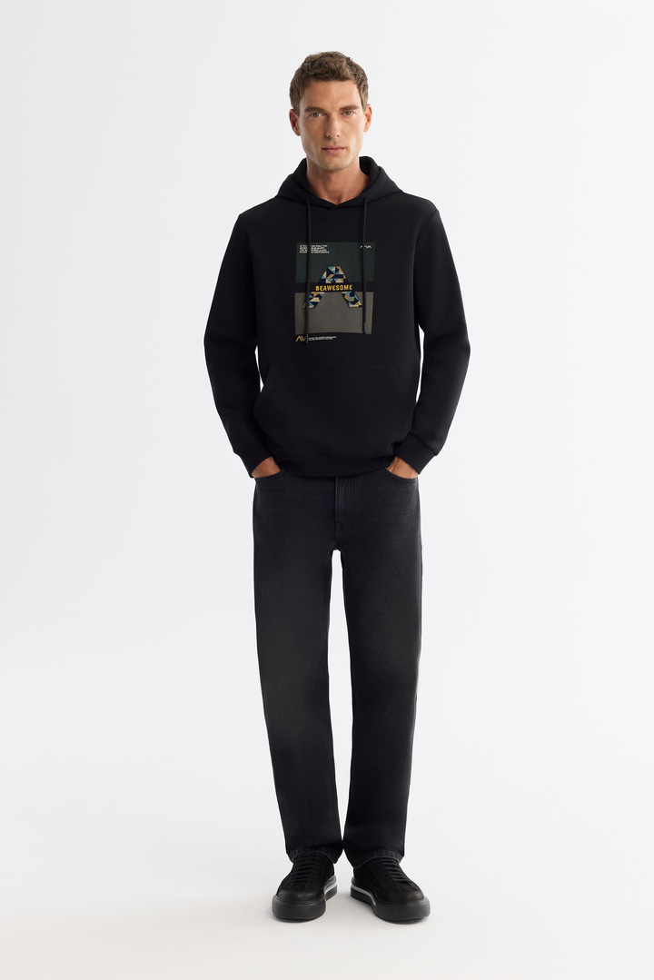 Siyah Kapüşonlu Pamuklu Baskılı Elastan Sweatshirt