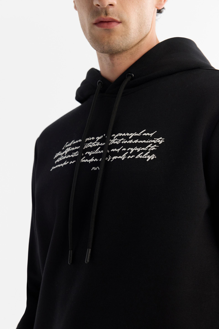 Siyah Kapüşonlu Pamuklu 3 İplik Şardonlu Baskılı Sweatshirt