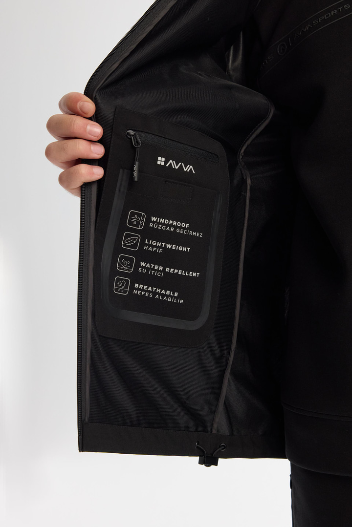 Siyah Kapüşonlu Su İtici Rüzgar Geçirmez Mıknatıs Kapama Mevsimlik Mont