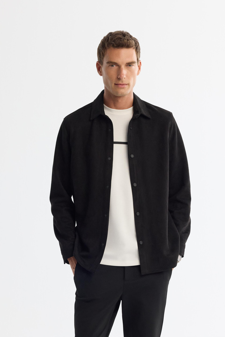 Siyah Klasik Yaka Çıtçıtlı Süet Dokulu Mevsimlik Mont