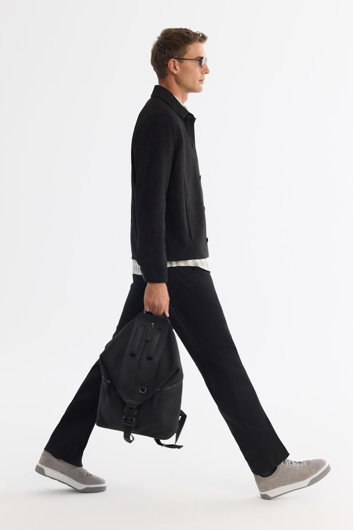 Siyah Klasik Yaka Süet Dokulu Mevsimlik Mont