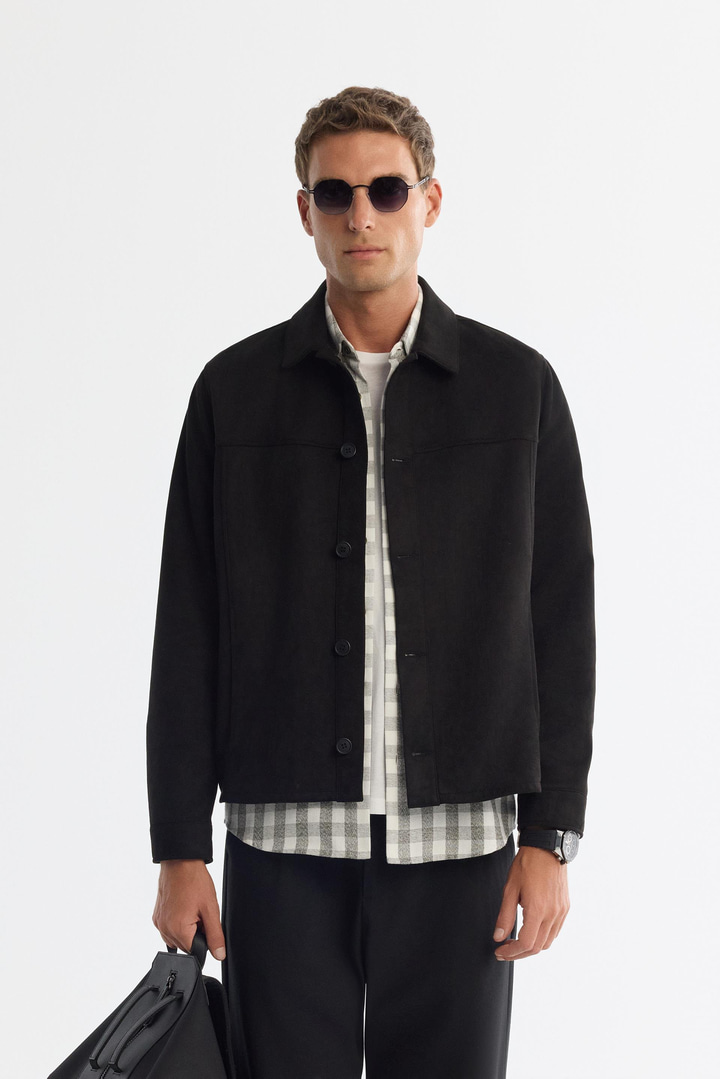 Siyah Klasik Yaka Süet Dokulu Mevsimlik Mont