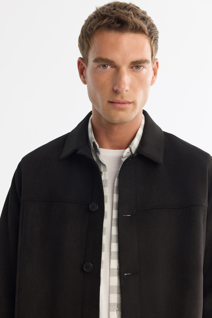 Siyah Klasik Yaka Süet Dokulu Mevsimlik Mont