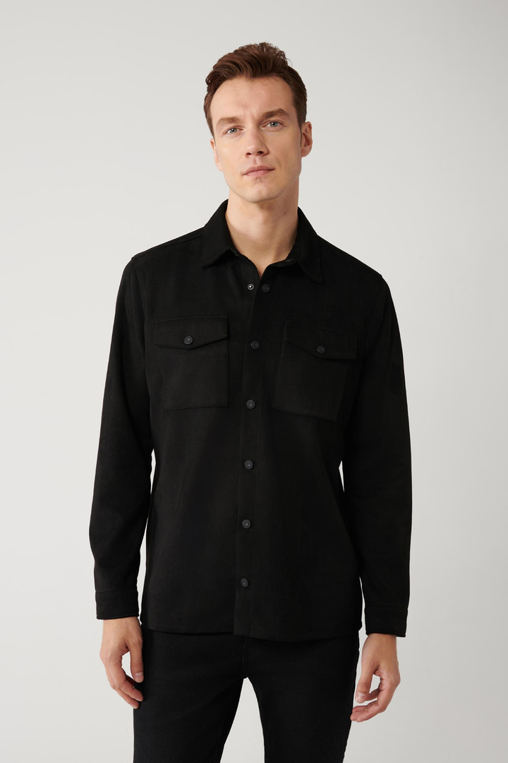 Siyah Süet Dokulu Önü Çıtçıtlı Mevsimlik Mont