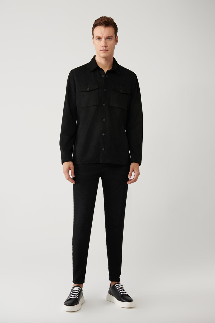 Siyah Süet Dokulu Önü Çıtçıtlı Mevsimlik Mont