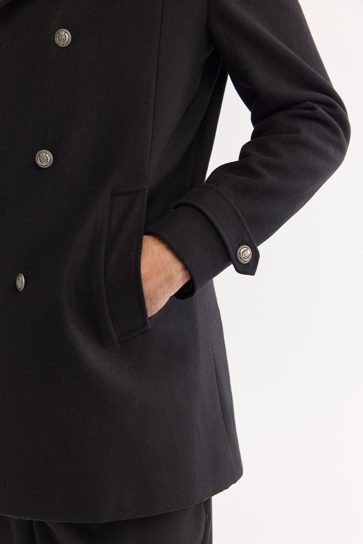 Siyah Kruvaze Yün Karışımlı Kaşe Kaban