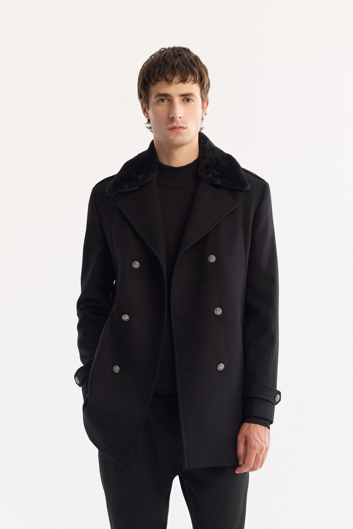 Siyah Kruvaze Yün Karışımlı Kaşe Kaban