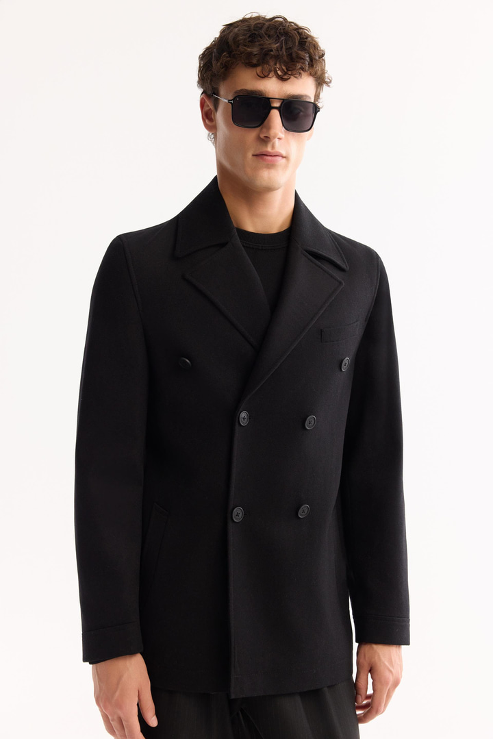 Siyah Kruvaze Yün Karışımlı Astarlı Kaşe Kaban