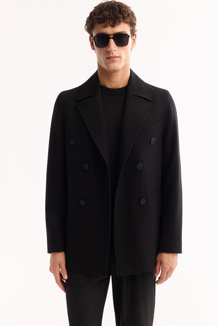 Siyah Kruvaze Yün Karışımlı Astarlı Kaşe Kaban