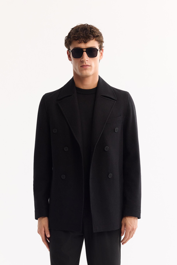 Siyah Kruvaze Yün Karışımlı Astarlı Kaşe Kaban