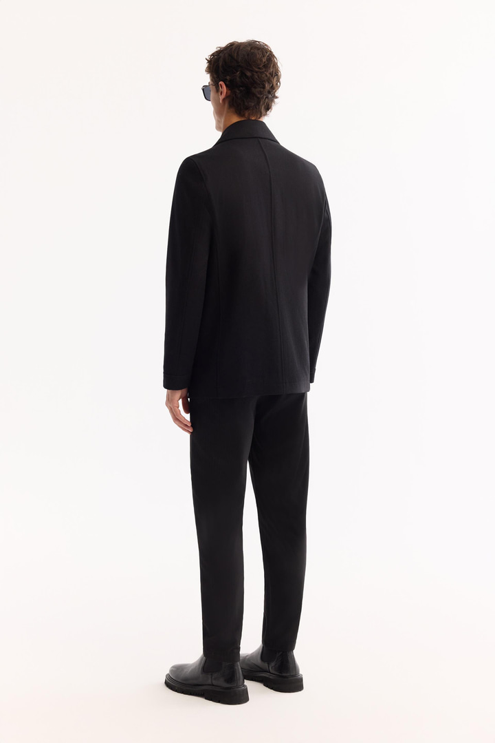 Siyah Kruvaze Yün Karışımlı Astarlı Kaşe Kaban