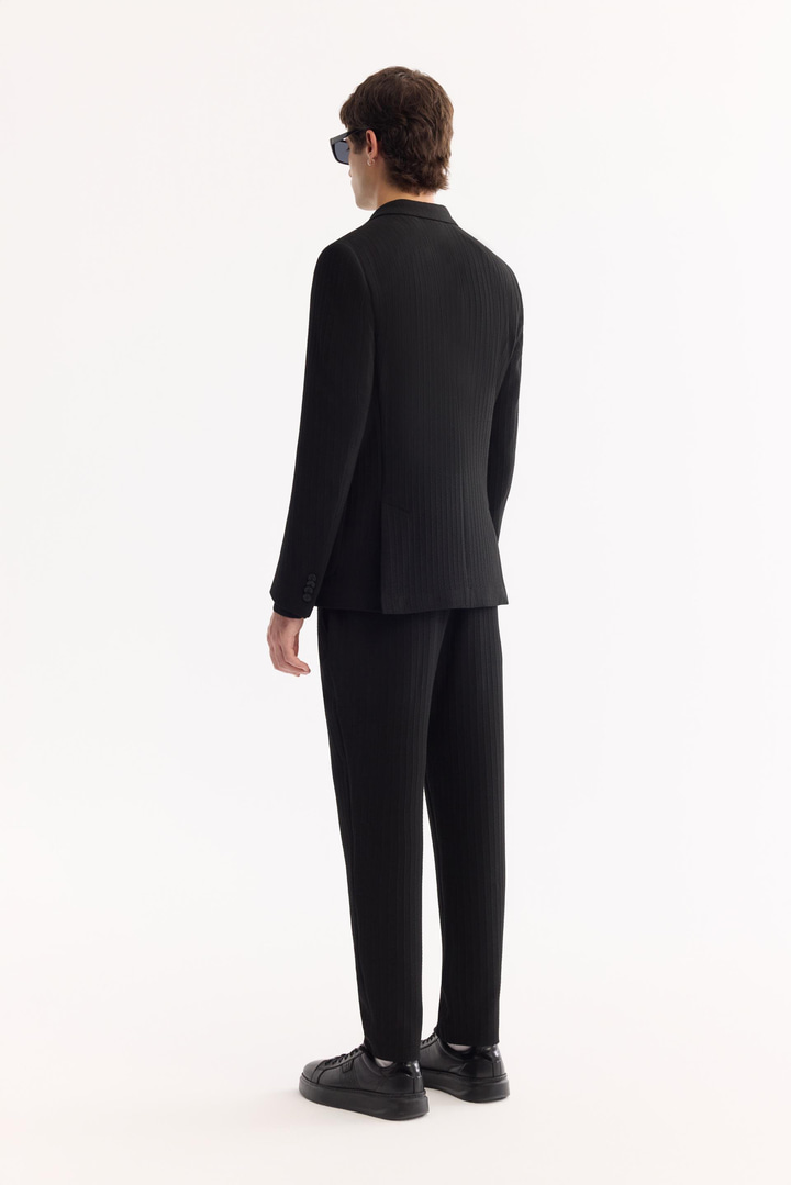 Siyah Mono Yaka Bi-Stretch Hafif Çizgili Blazer Ceket