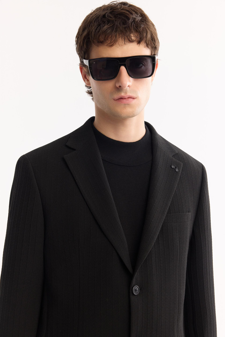 Siyah Mono Yaka Bi-Stretch Hafif Çizgili Blazer Ceket