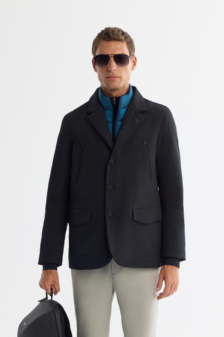 Siyah Mono Yaka Düğmeli İçi Yelek Görünümlü Mont