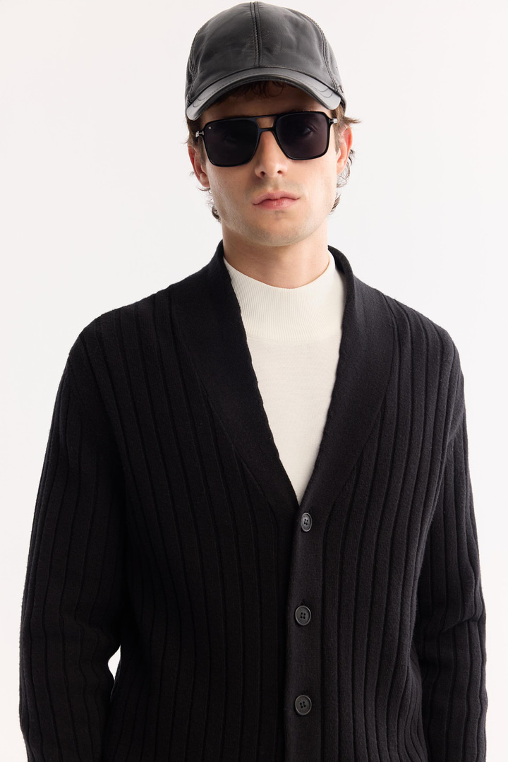 Siyah Şal Yaka Düğmeli Soft Touch Çizgili Hırka