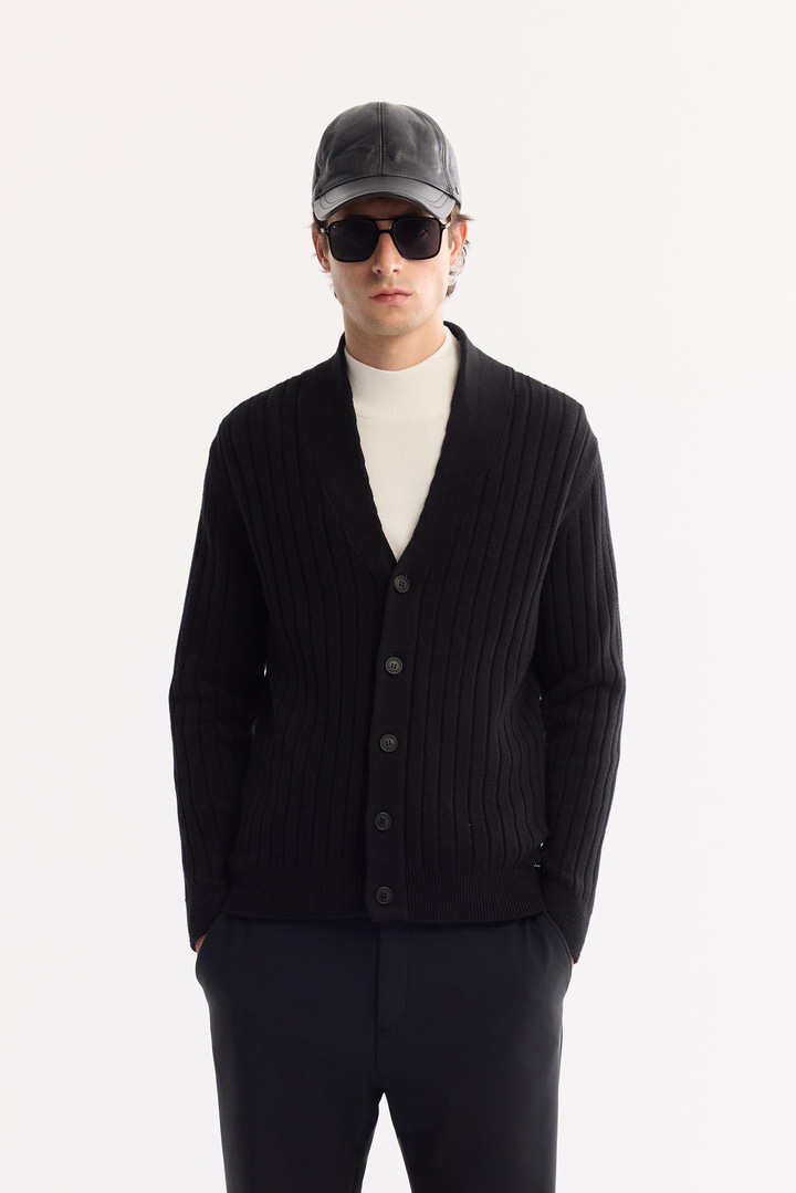 Siyah Şal Yaka Düğmeli Soft Touch Çizgili Hırka