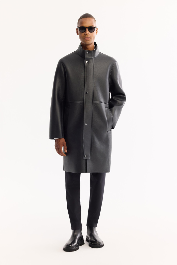 Siyah Dik Yaka Rüzgar Geçirmez Uzun Napa Kaban