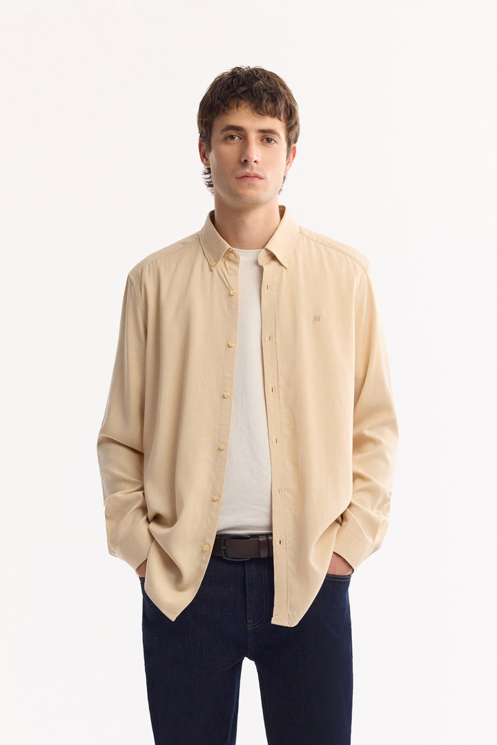 Vizon Düğmeli Yaka Keten Karışımlı Gömlek