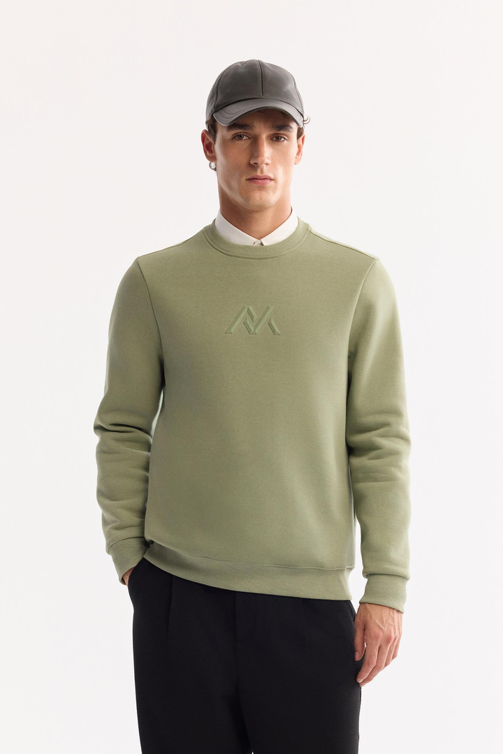 Yeşil Bisiklet Yaka Kolay Ütülenen 3 İplik Şardonlu Baskılı Sweatshirt