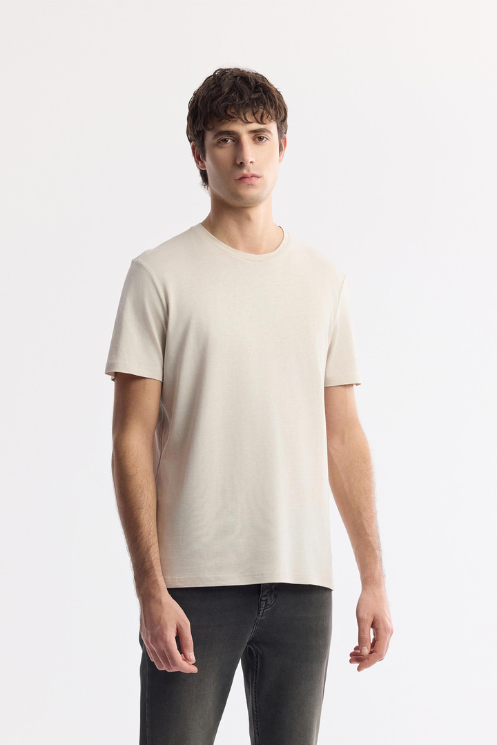 Bej Bisiklet Yaka Soft Touch Basic T-Shirt