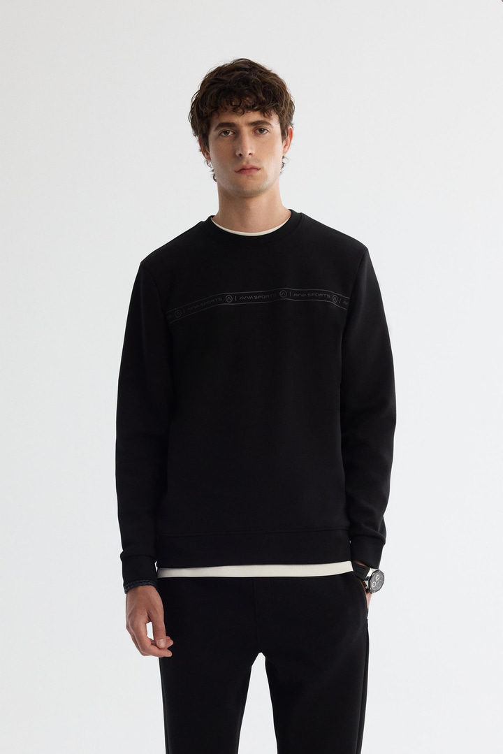 Siyah Bisiklet Yaka Pamuklu Baskılı Elastan Sweatshirt
