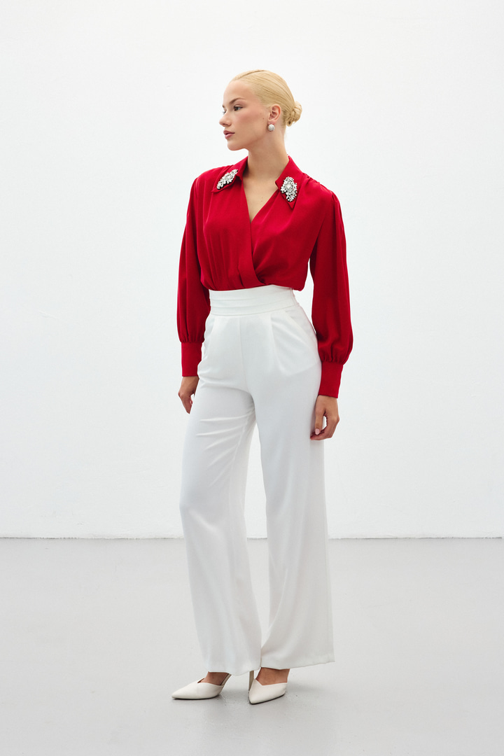 Aksesuar Detaylı Bodysuit Bluz - Kırmızı
