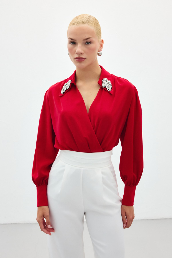 Aksesuar Detaylı Bodysuit Bluz - Kırmızı