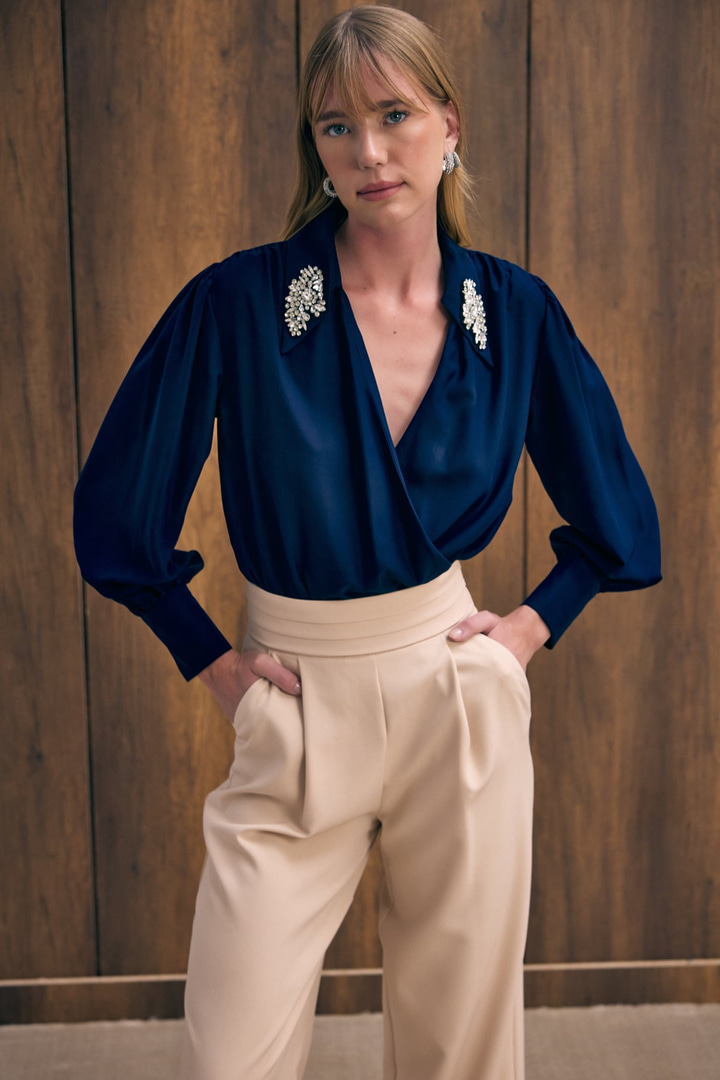 Aksesuar Detaylı Bodysuit Bluz - Lacivert