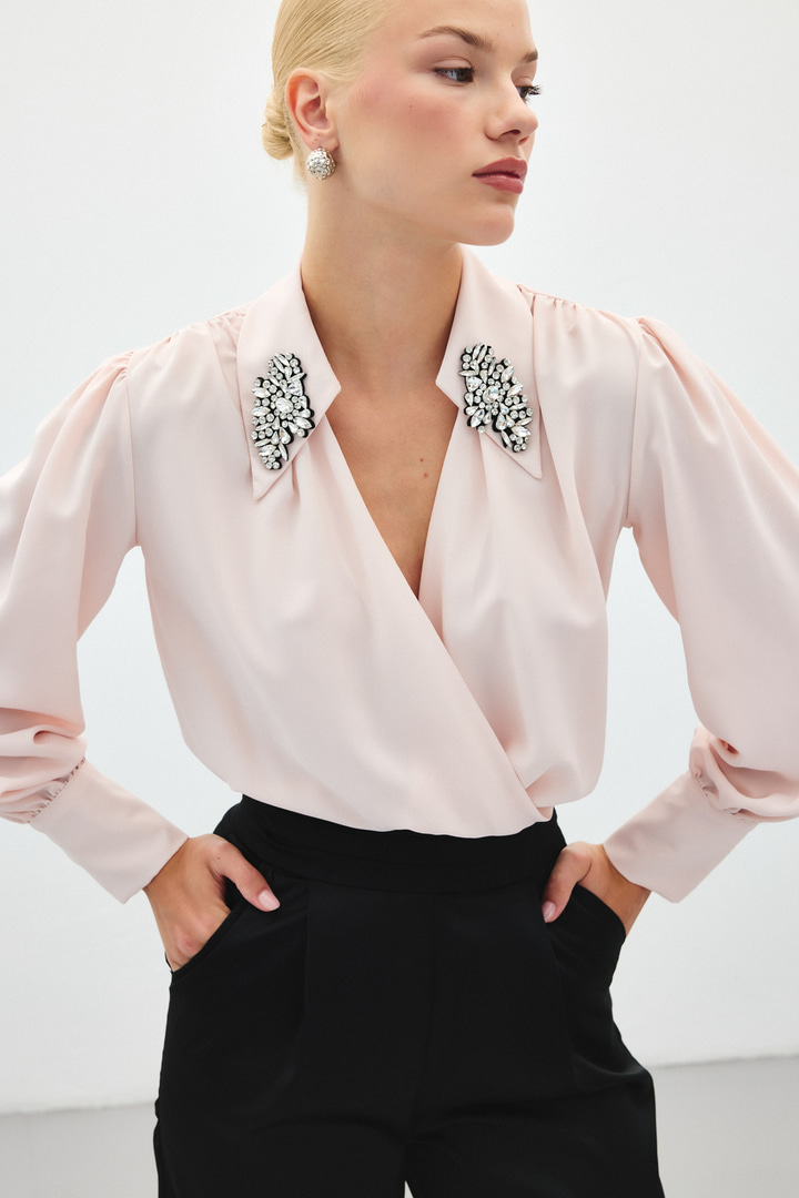 Aksesuar Detaylı Bodysuit Bluz - Pudra