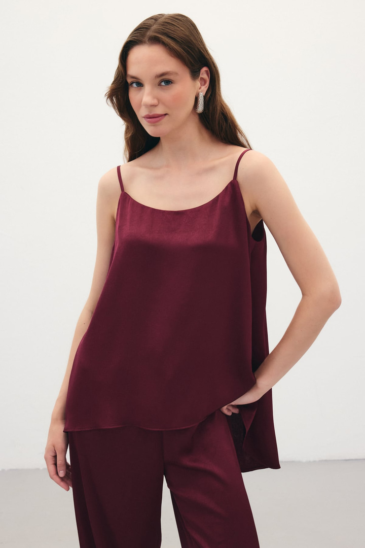 Askılı Saten Bluz - Bordo