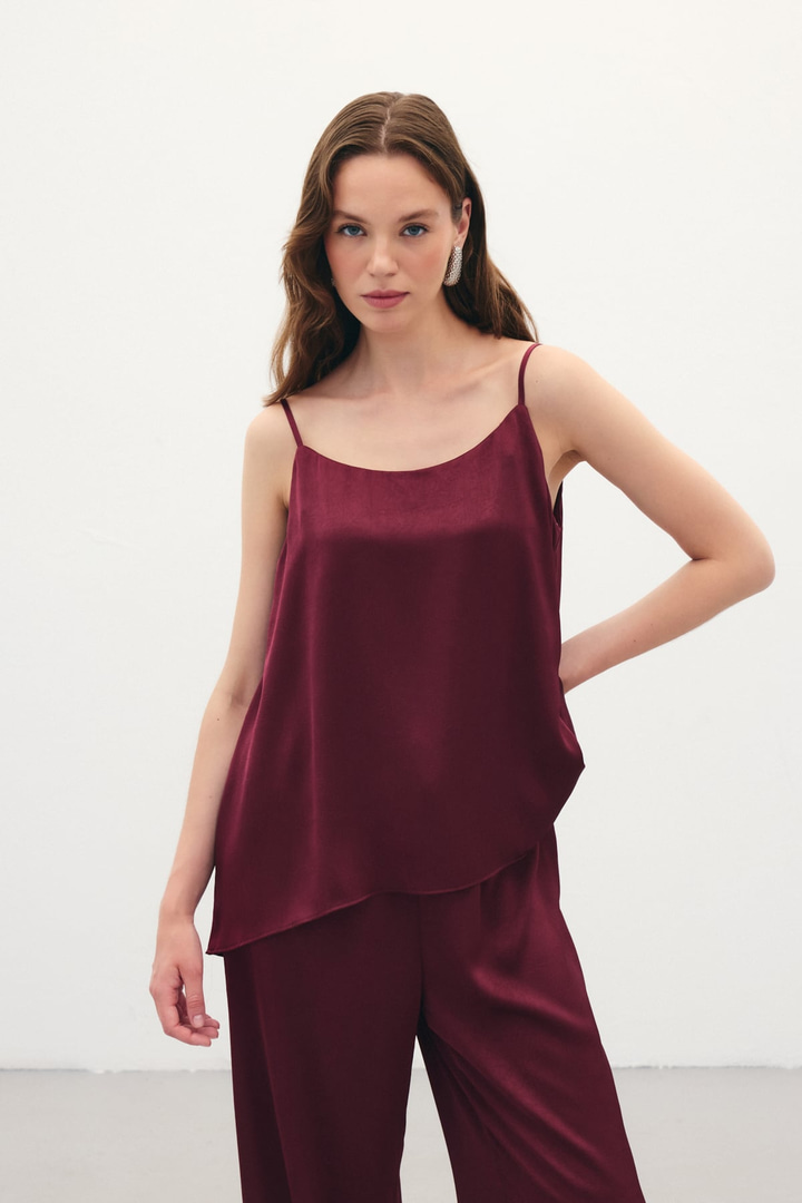Askılı Saten Bluz - Bordo