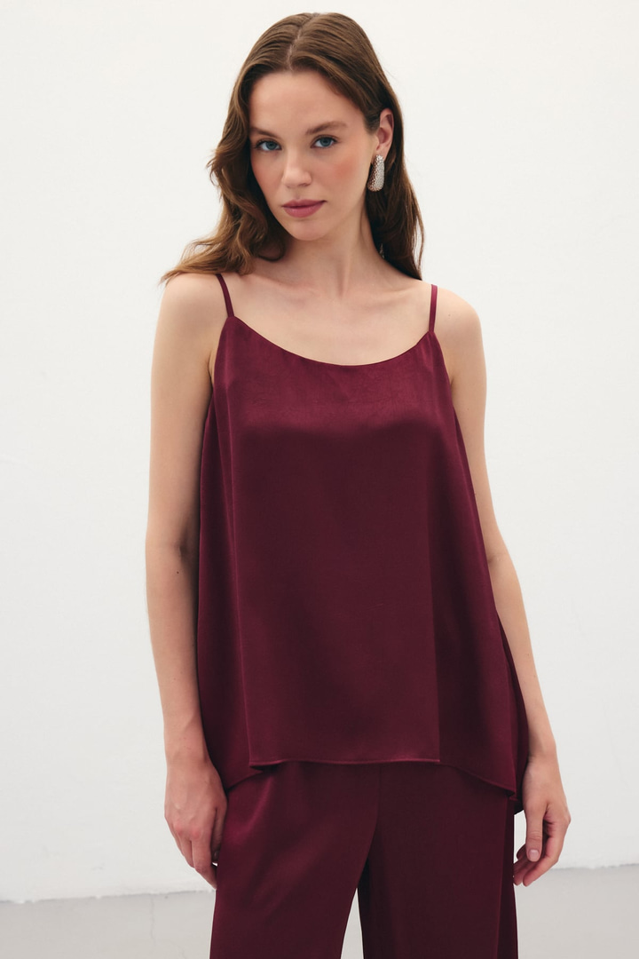 Askılı Saten Bluz - Bordo