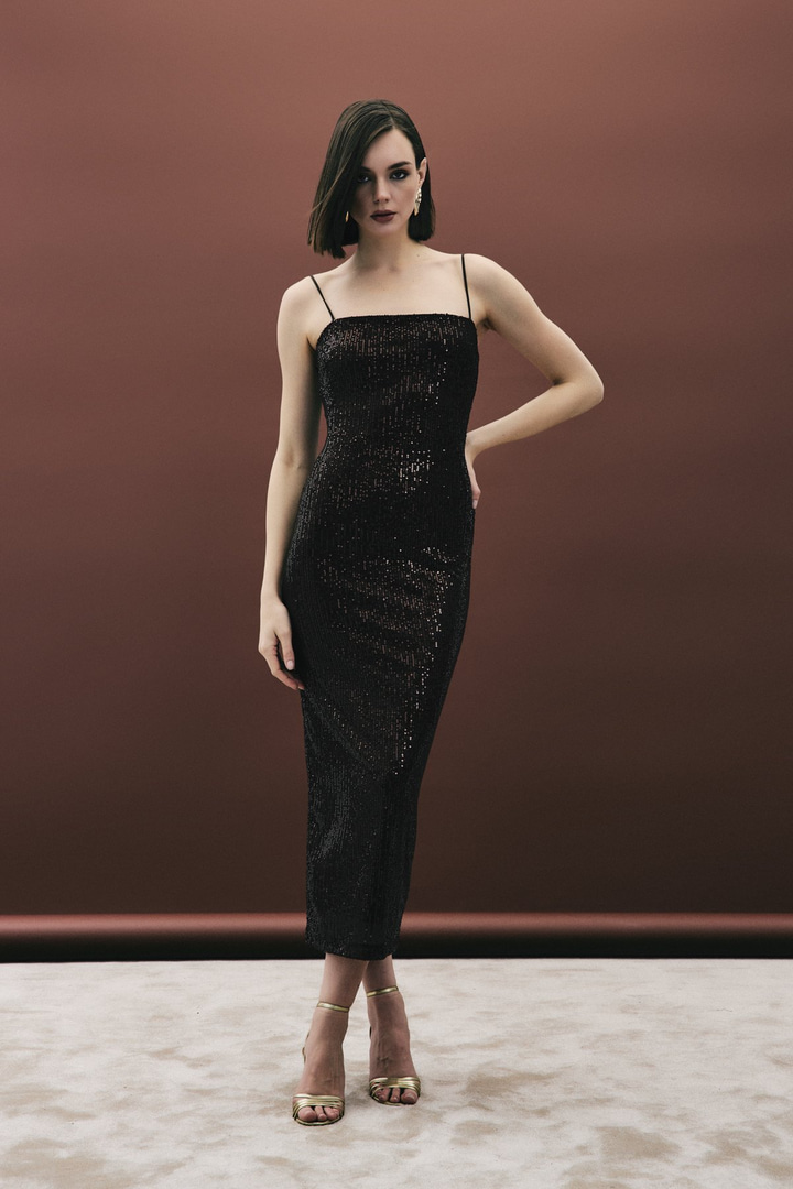 Askılı Uzun Payet Elbise - Kahve