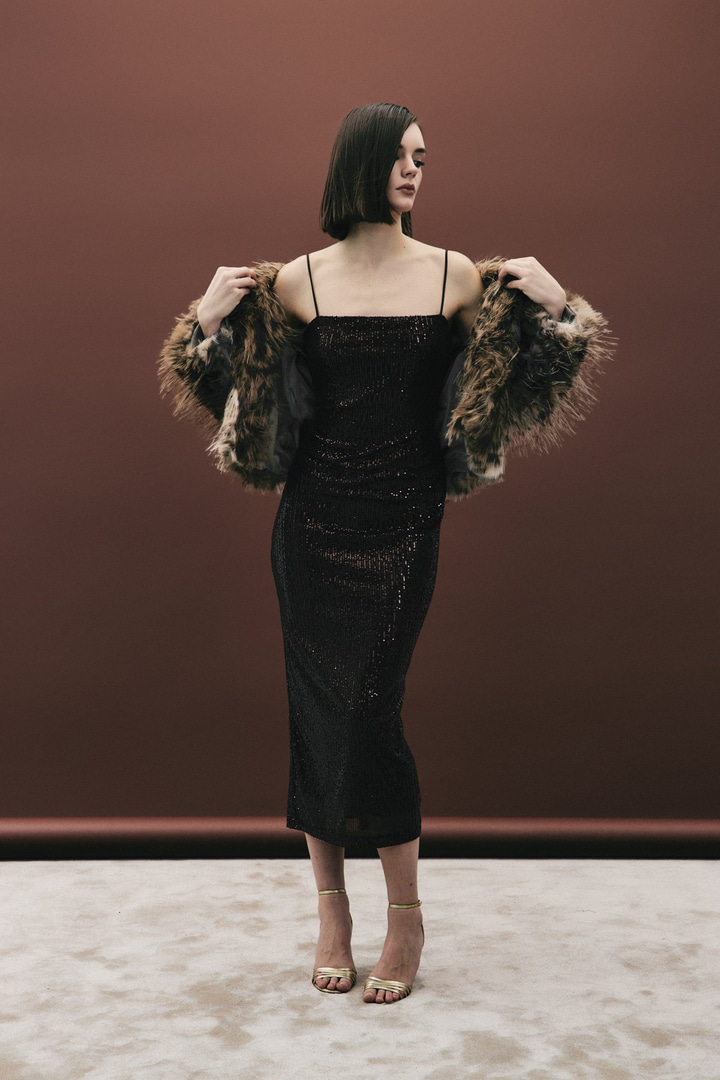 Askılı Uzun Payet Elbise - Kahve