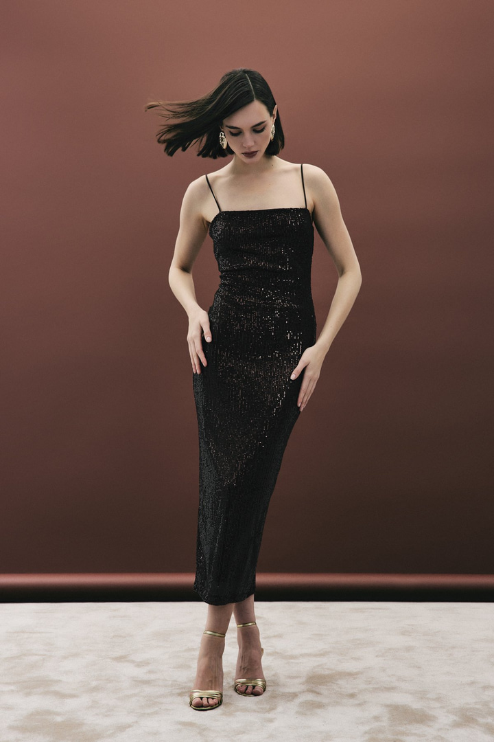 Askılı Uzun Payet Elbise - Kahve