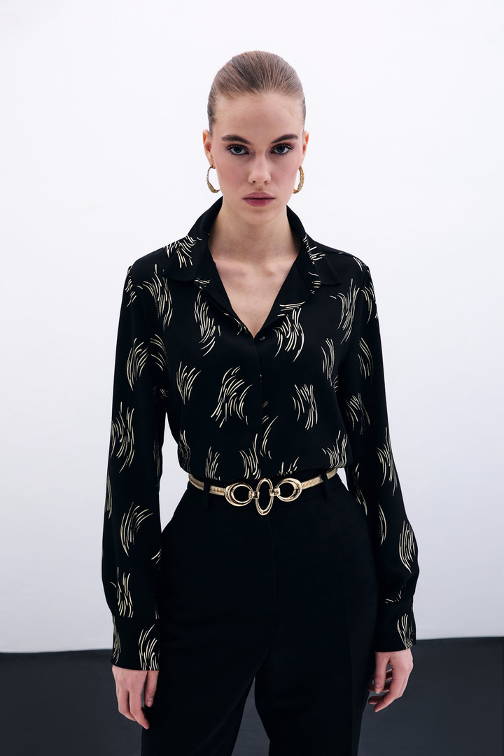 Baskılı Klasik Gömlek - Gold